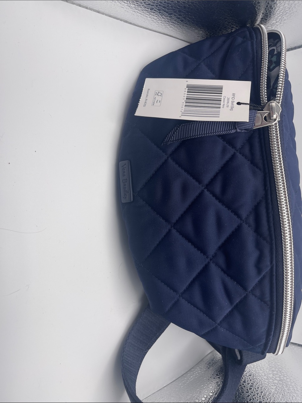 Vera Bradley Quilted Navy Belt Bag with Silver Zip